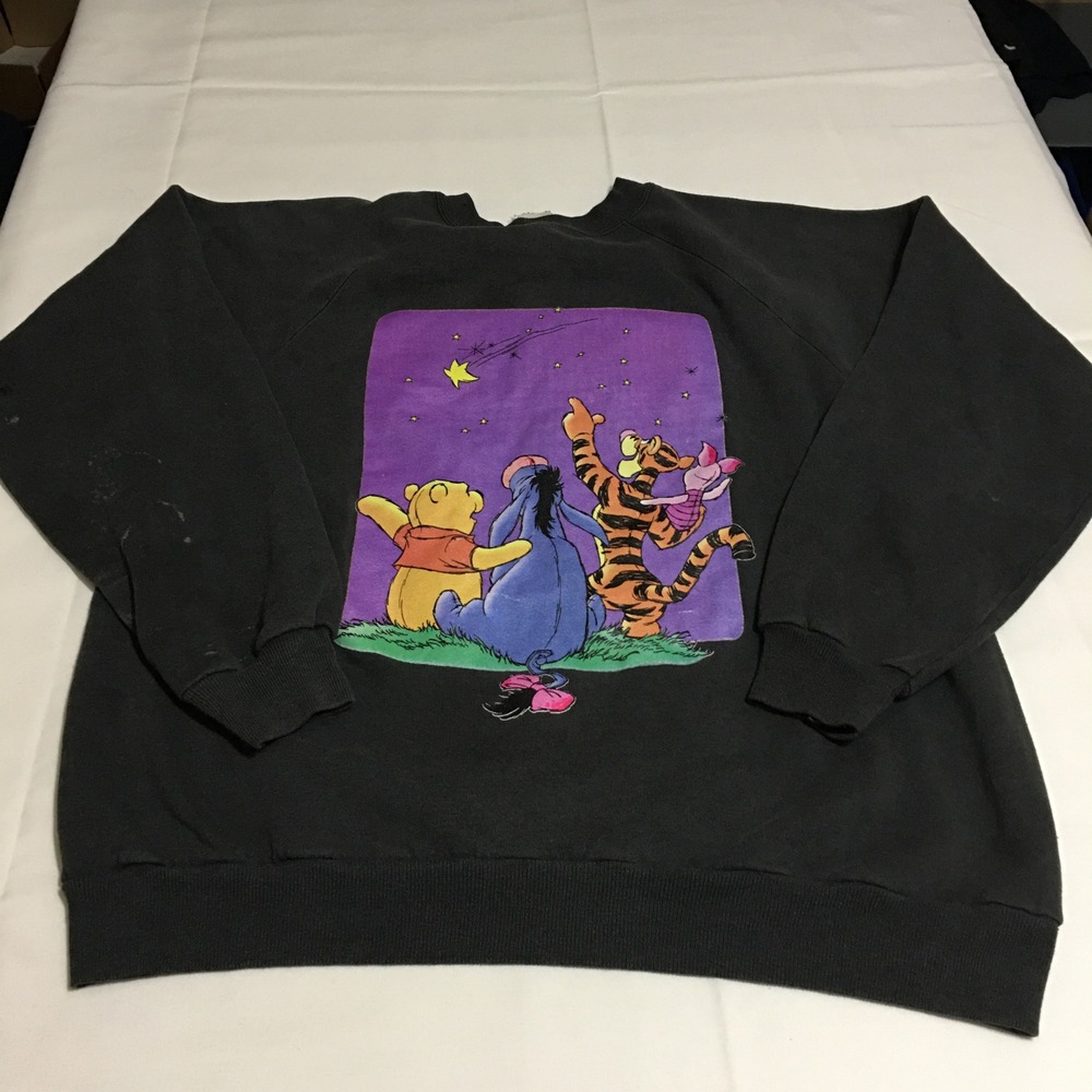 Vintage Disney Winnie the Pooh Sweatshirt Unisex XL Black Star Gazing Graphic